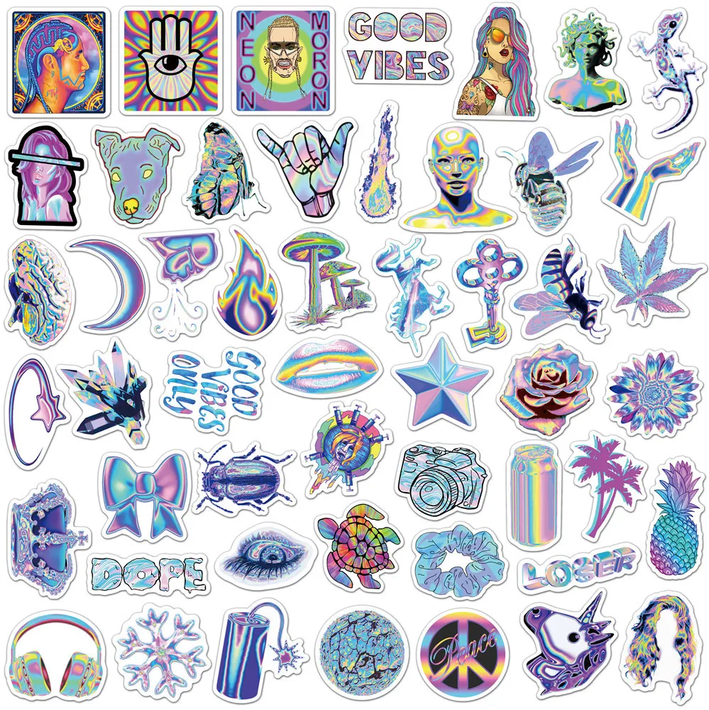 50Pcs Holographic Colorful Laser Graffiti Gradient Stickers Bike Kettle Helmet Cool Decals Stickers Luggage