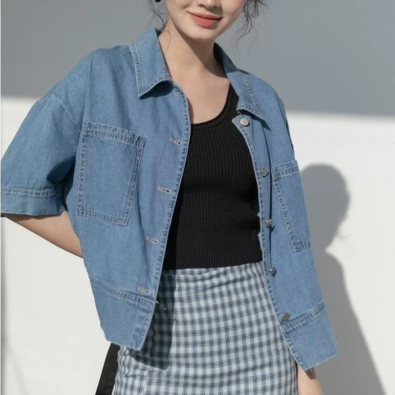 Denim Shirts Women Vintage Cropped Short Sleeve Summer Ulzzang Single Breasted College All-match Basic Cool S-3XL Ladies Loose