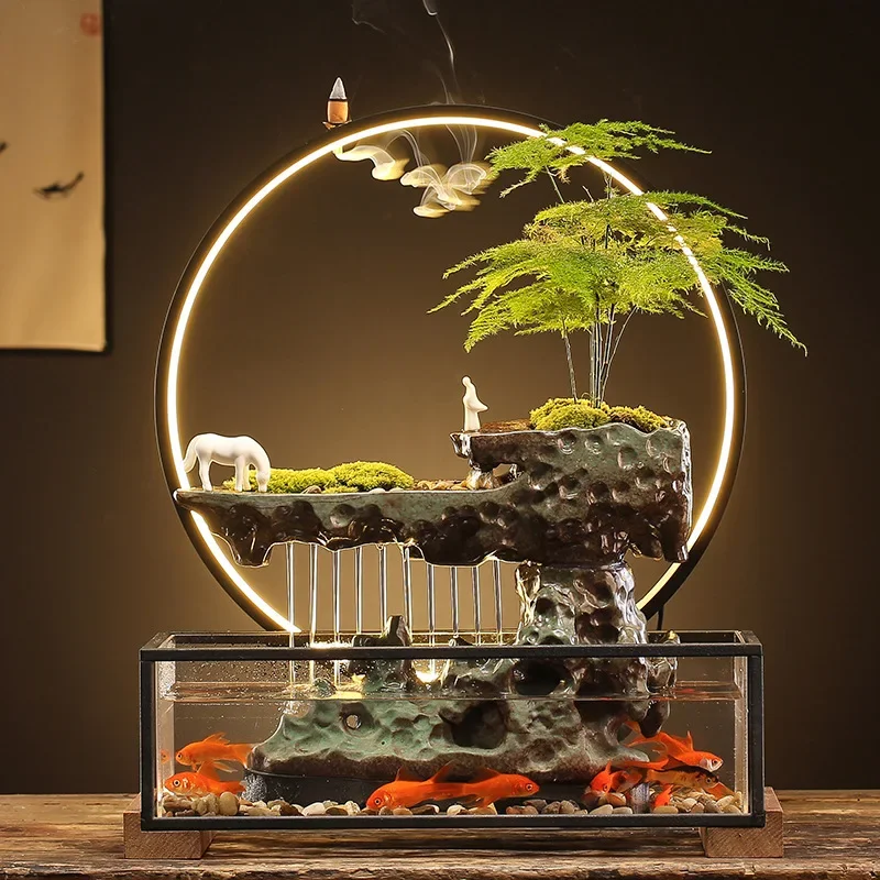 Japanese Tabletop Fountains Creative Aquarium Waterfalls Ceramic Feng Shui Living Room & Office Desktop Atomizing Humidifier