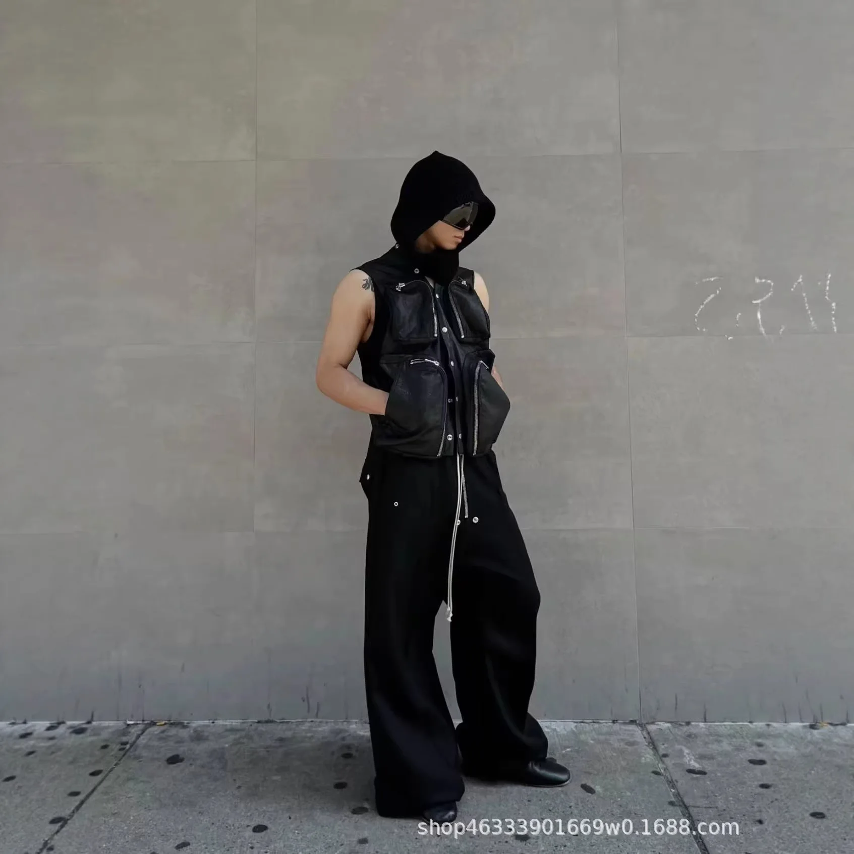Rick Ro style dark workwear wide-leg loose casual stacked micro-flared zipper long pants