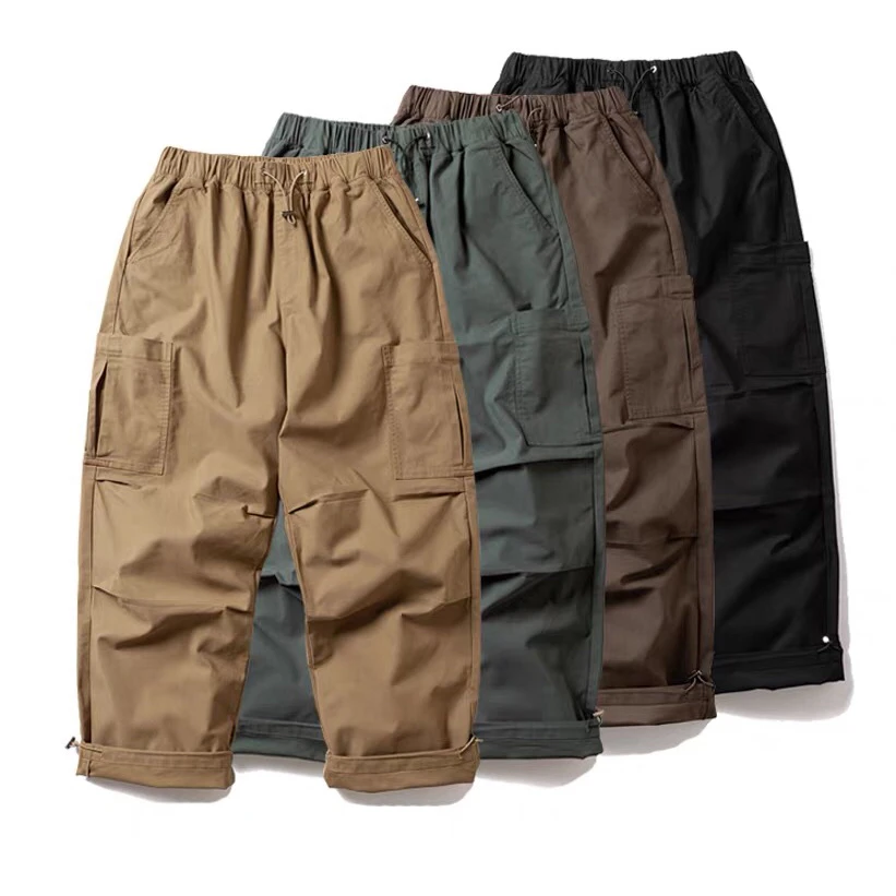 

Retro Japanese Waed Elastic Dstring Multi-ket Straight Leg Work Trousers Casual Brand Men's Loose Versatile Leisure L...