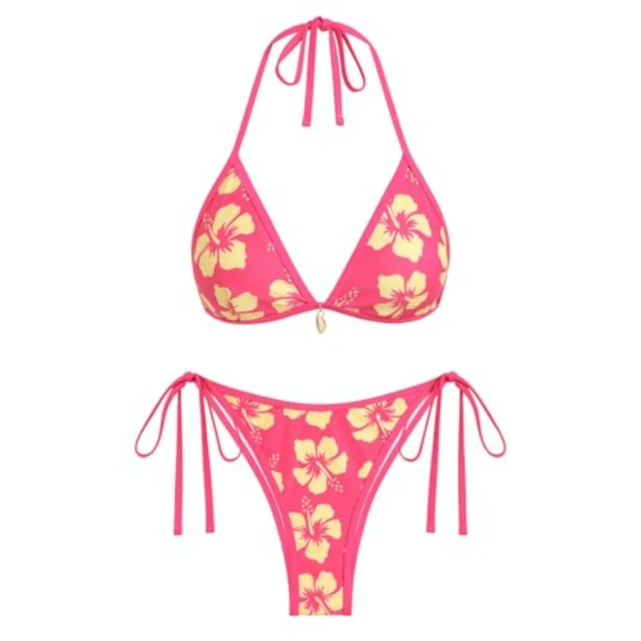 

ZAFUL Womens Shell Halter Bikini Sets High Cut Side Tie 2 Pcs Swimsuits Sexy String Bathing Suit