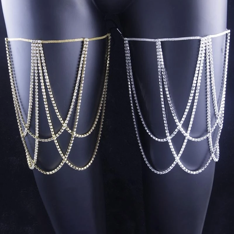 Women Sexy Glitter for Rhinestone Crystal Multi Layers Leg Chain Metal Elastic Thigh Belt Garter Body Jewelry for Club Party