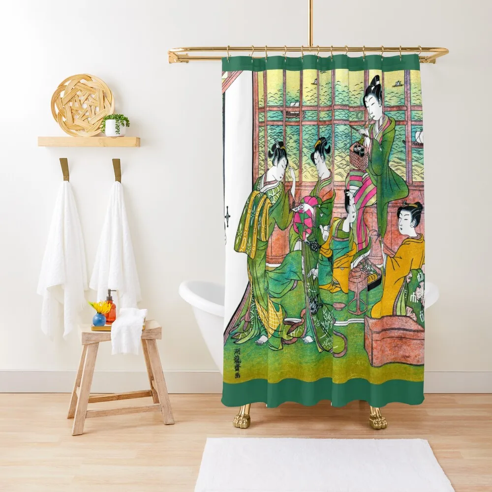 Brothel in Shinagawa, Bordello, Shinagawa yusho no enseki, Restored Antique Ukiyo-e Color Japanese Woodblock Prin Shower Curtain