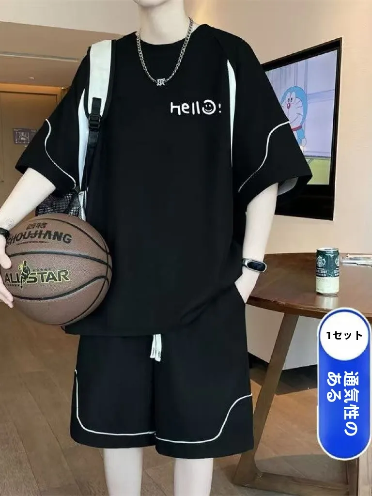 Conjunto Casual Masculino de Verão com Camiseta de Manga Curta e Shorts, Novo Estilo Esportivo, Fibra de Poliéster e Fibra Elástica