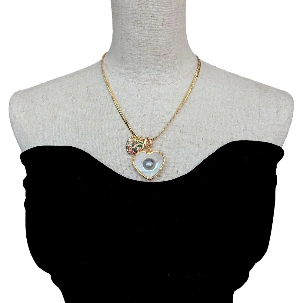 YYGEM 34mm Natural Gray Mabe Pearl Heart Shape Pendant Cz Charm Gold Plated Chain Necklace 3