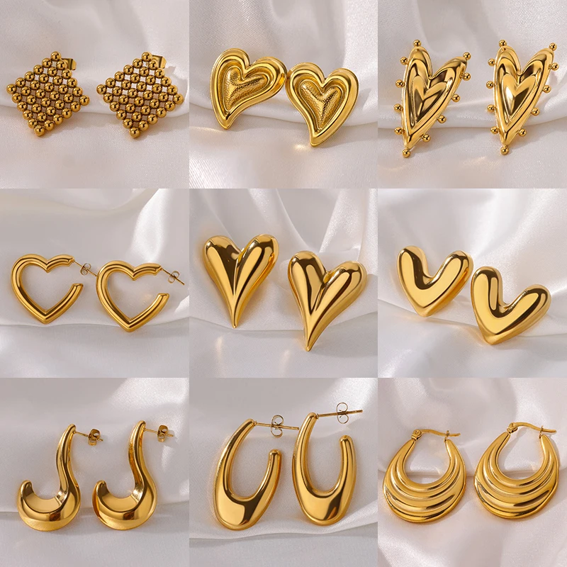 Stainless Steel Earrings For Women Gold Color Geometric Heart Stud Earrings 2024 Trend Waterproof Piercing Wedding Jewelry Gift