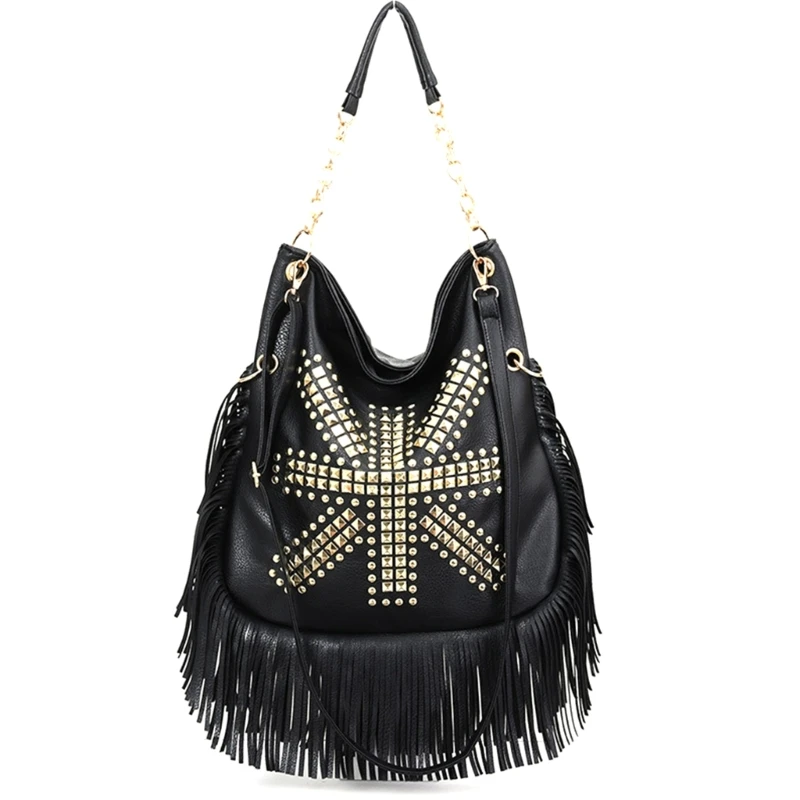 Fringe Designed Crossbody Bag Rivet Chain Bag Large Capacity Shoulder Bag