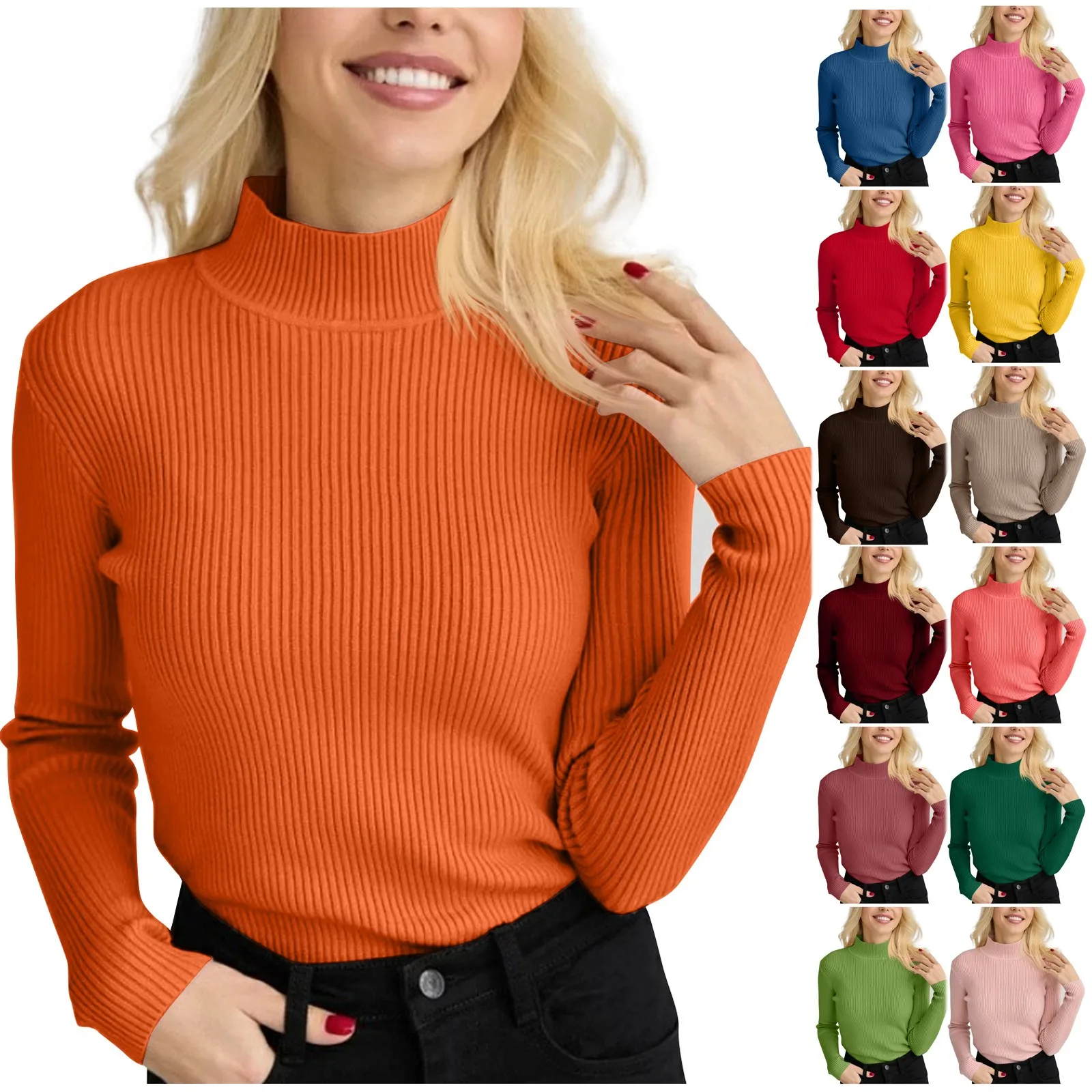 Women\'s Sweater Half High Neck Solid Slim Fit Versatile Knitted Round Neck Long Sleeves Pullover Sweater