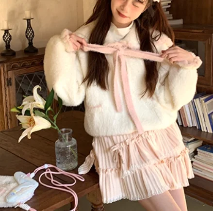 Winter New Sweet Pink High Waist Princess Skirt Cute Woman Fashion Versatile Age Reduction A-lien Lace Beautiful Fairy Skirt