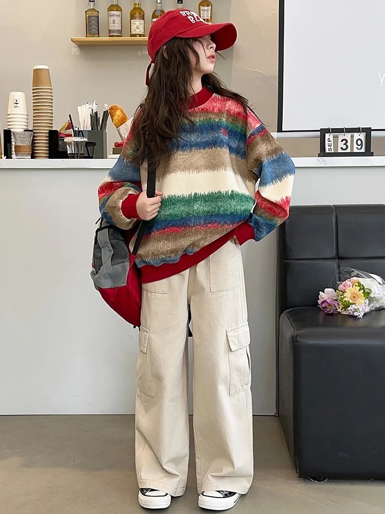 

Casual Sweatirt Set for Girls Trendy Faionable Spring Autumn Wear Cotton Long Sve Long Pants Two Piece Ensemble