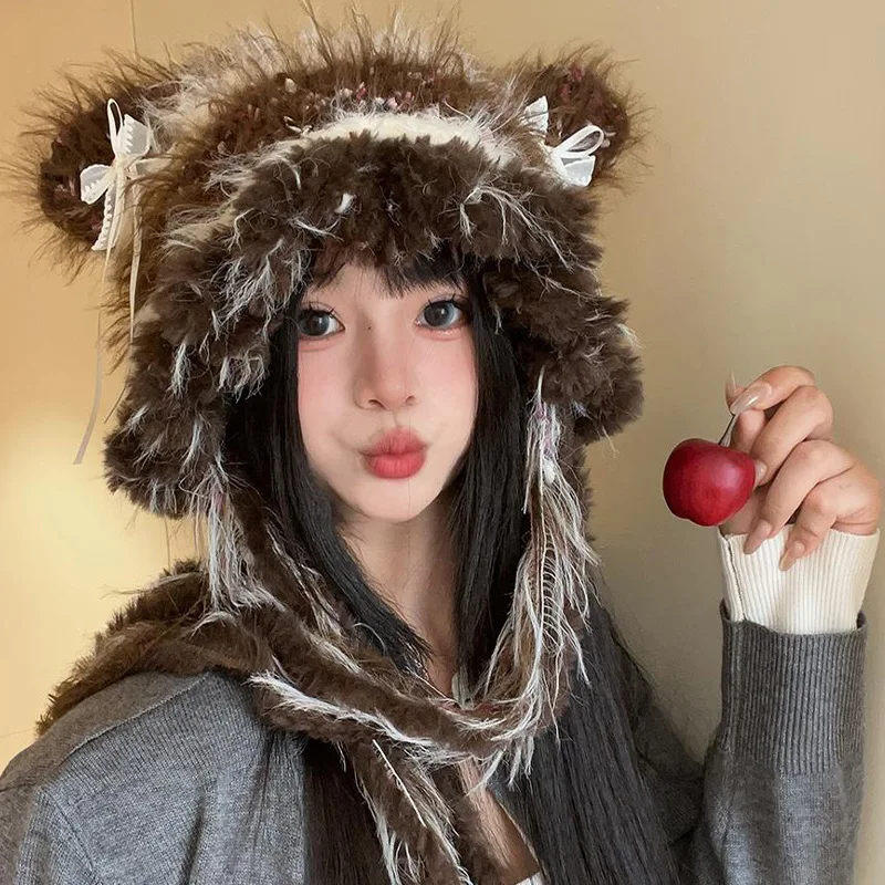 2025 Fashion Autumn Winter Women Sweet Striped Spliced Warm Ear Protection Pullover Trend Bow Decoration Dual-use Knitted Hats