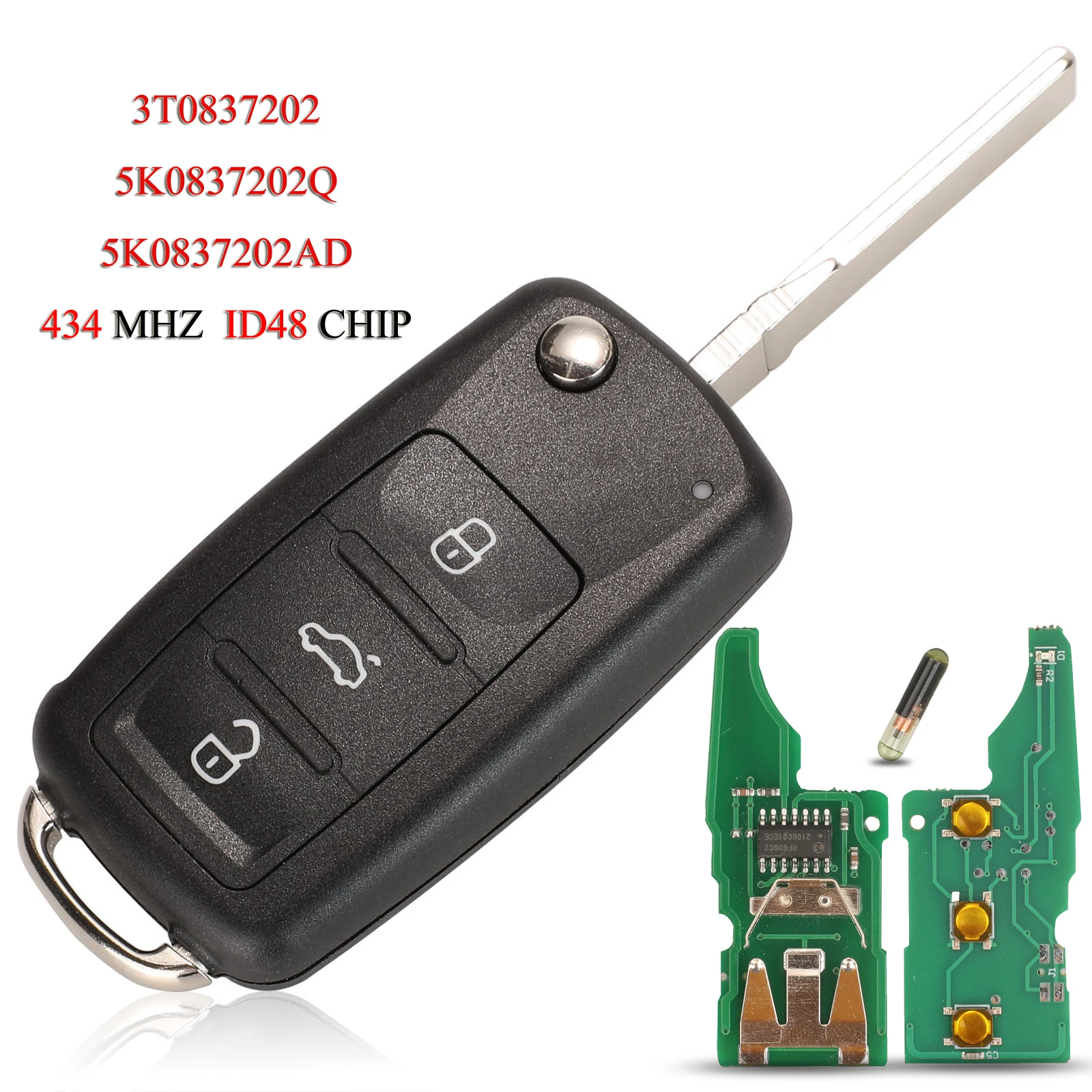 

3T0837202 5K0837202AD / 202Q Remote Car Key For VW Beetle Eos Golf 6 Jetta Tiguan Seat Skoda Fabia 434Mhz ID48 Chip