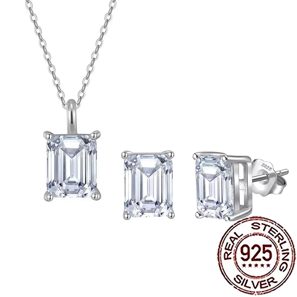 

QooLady стерлингового серебра 925 пробы, классические прямоугольные серьги-гвоздики с кубическим цирконием, ожерелье, наборы для женщин, изысканные ювелирные изделия для свадебной вечеринки ST042