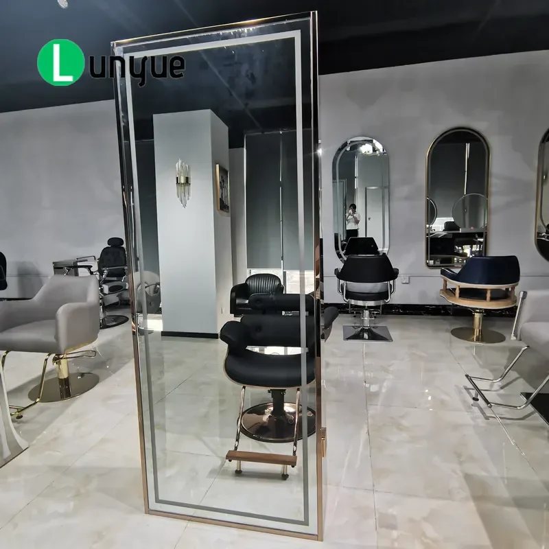 Modern Gold Double Sided Hair Mirror with LED Light for Beauty Shop Barber Station Wall Mounted Vanity Makeup Lighting