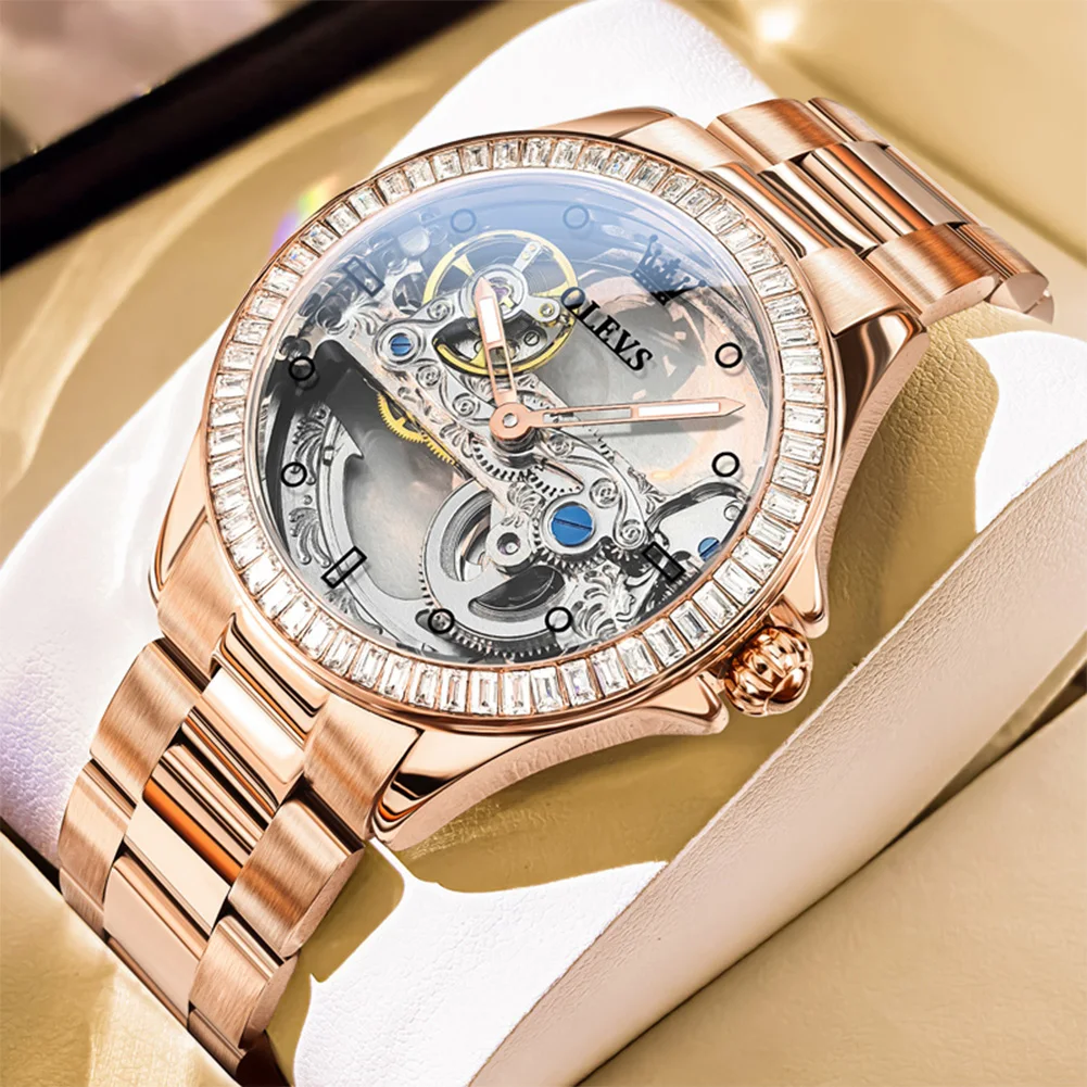 OLEVS Rose Gold  Automatic Mechanical Skeleton Watch For Man Watches Waterproof Wristwatches Rhinestone Luxury New Reloj Mujer