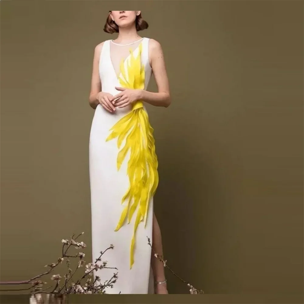 

Customized Women Formal Dress Evening Prom Gown V Neck Yellow Flower Sleeveless