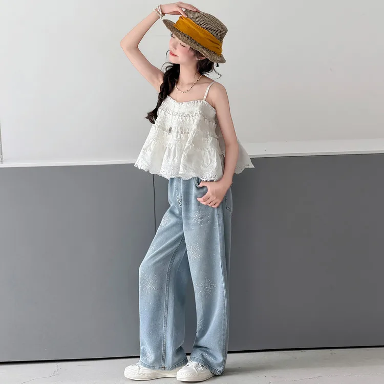Girls' summer new style  two piece sleeveless vest mesh top micro flared pants super fairy  cute set