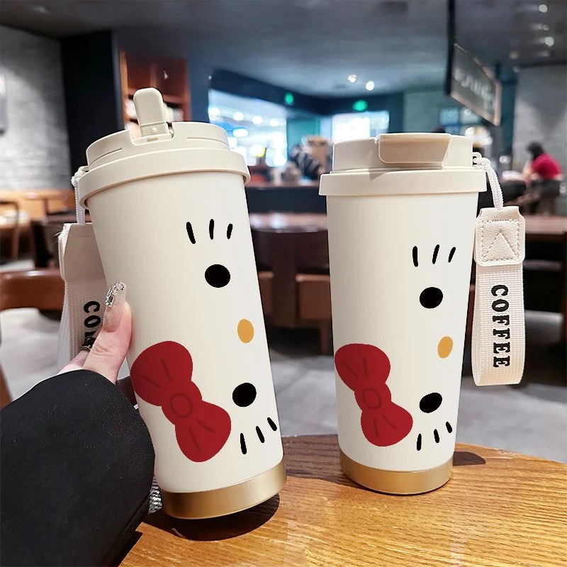 520Ml Sanrio Sus316 Hello Kitty Double Drink Straw Thermal Cup Kawaii Kt Kitty Cartoon Sports Office Vehicle Mounted Coffee Cup