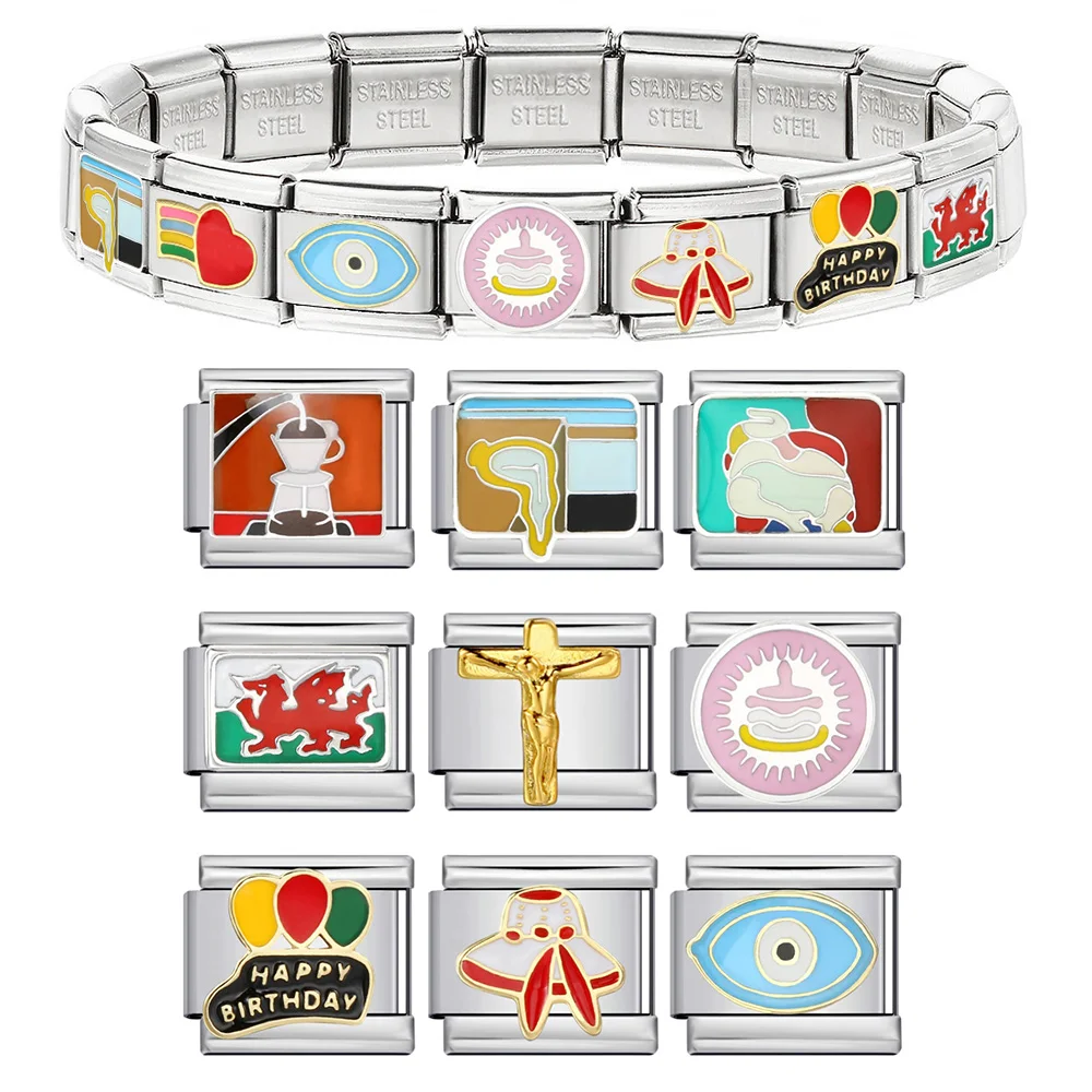 Design Charms Red Hat Alarm clock Rainbow  Balloon Demon's eye Stainless Steel Italian Link Fit 9mm Bracelet Making DIY Jewelry