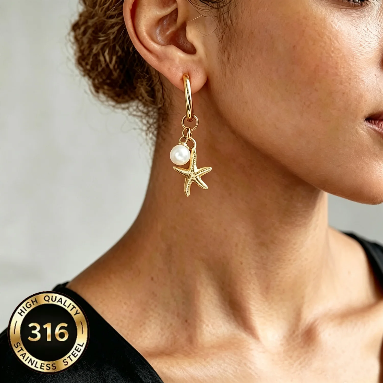1 Pair of Bohemian Stainless Steel Pearl Starfish Pendant Earrings, Ocean Beach INS Niche Women's Earrings, Summer Beach Jewelry