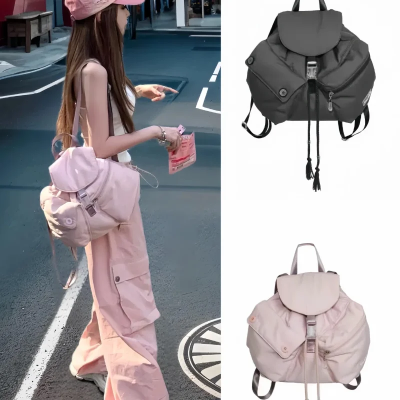Korean Niche Dance Double-pocket Button Drawstring Nylon Functional Waterproof Soft Fashion Backpack