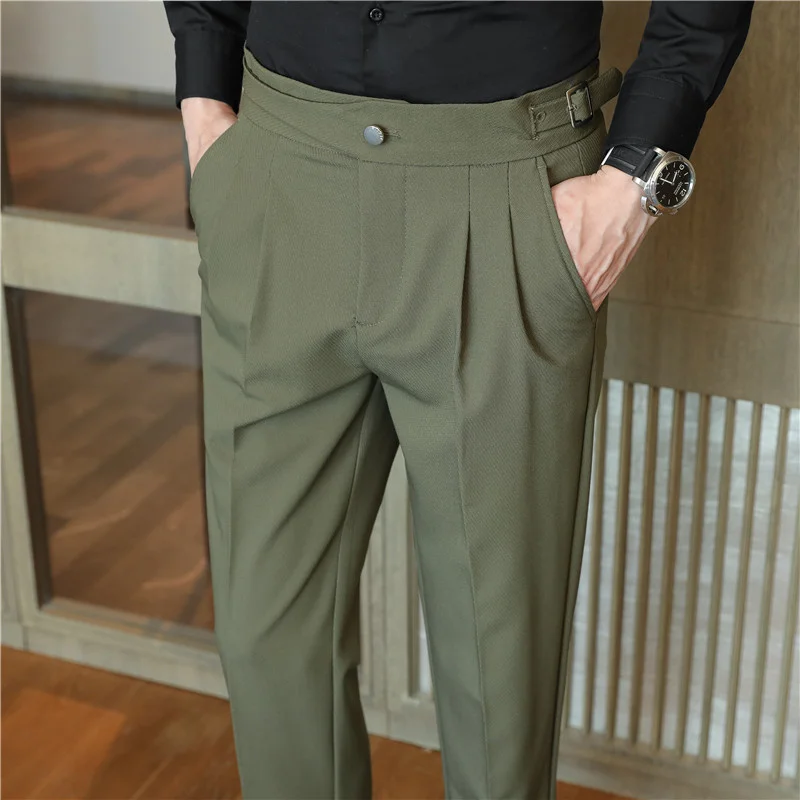 

British Style Spring New Solid Business Casual Suit Pants High Waist Button Men Formal Quality Slim Office Trousers