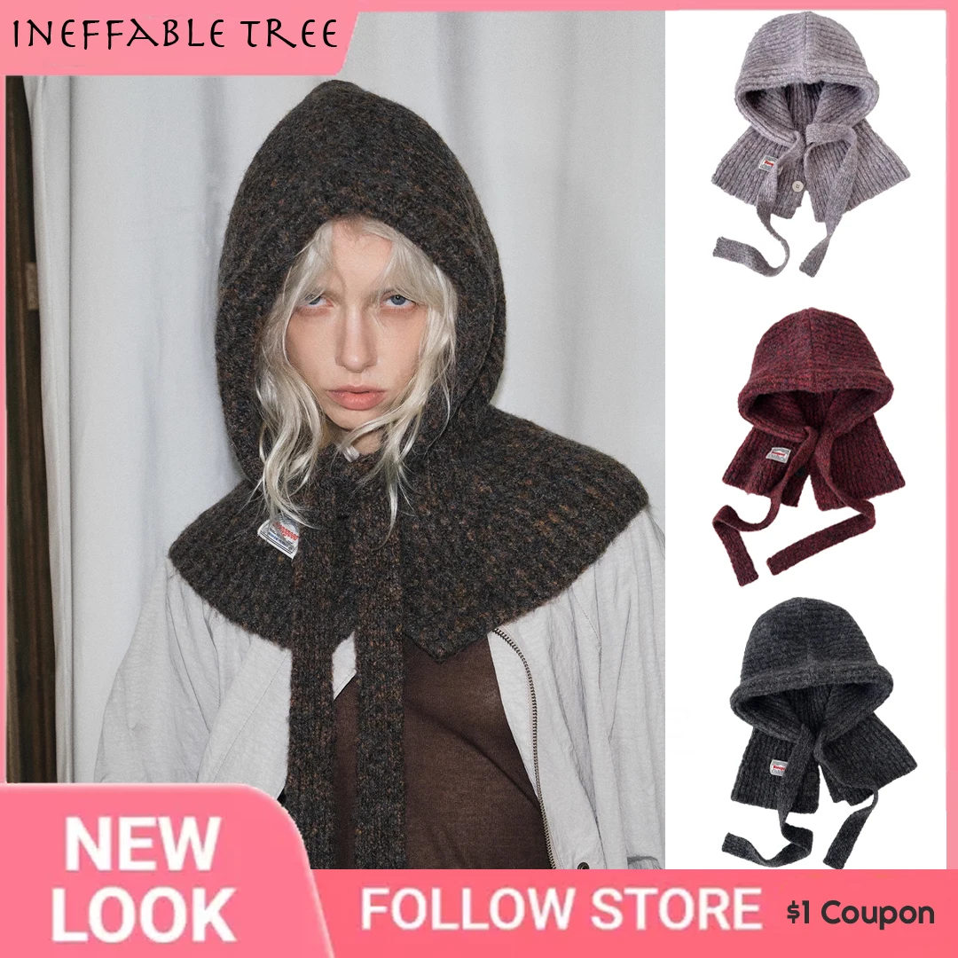 

Y2K Winter Beanie Hats One-Piece Knit Wool Balaclavas Hooded Cap Korean Women's Hood Neck Warmer Cycling Beanies Ski Mask Gorros