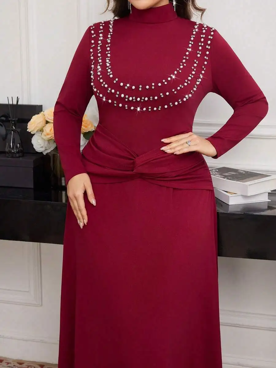 Elegant Solid Color Pearl Rhinestone Decor High Neck Long Sleeve Fitted Waist Twist Fishtail Maxi Dress For Women