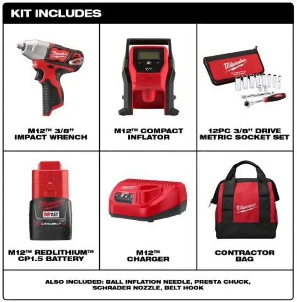 Milwaukee 2463-21RS M12 Compact Lithium-Ion 3/8 in.  Cordless Impact Wrench/ M12 Inflator/ 12-Piece 3/8 in.  Drive Metric Socket