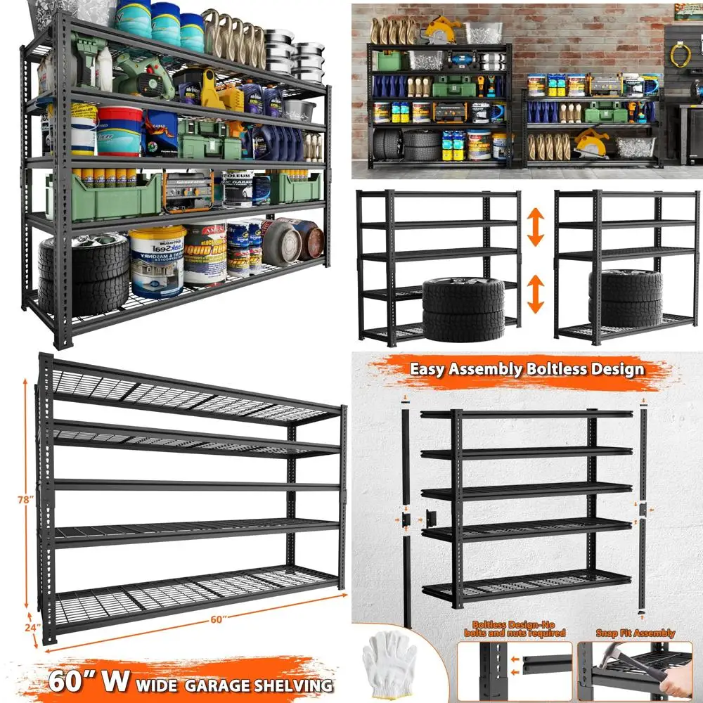 Heavy Duty Adjustable 5 Tier Metal Storage Shelves with 3300 lbs Capacity, 60L x 24W, Ideal for Garage Organization
