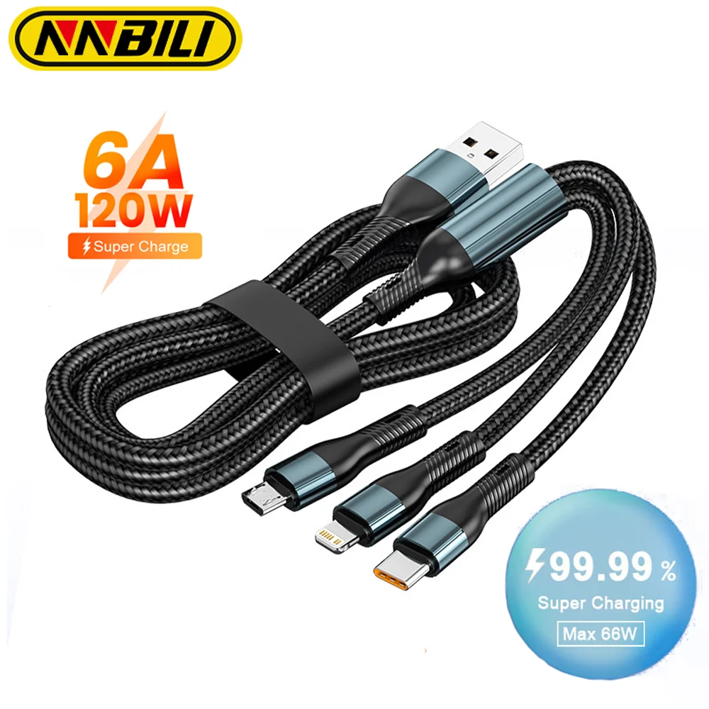NNBILI 6A 120W 3 in 1 USB Type C Cable Fast Charge Phone Charger Data Cord For iPhone Samsung Huawei Quick Charge Micro USB Wire