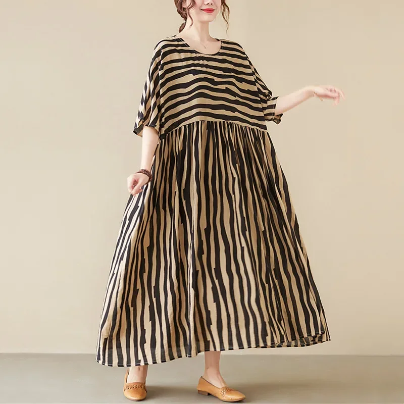 

Short Sleeve Oversized Cotton Satin Vintage Stripe New in Dresses for Women Casual Loose Summer Dress Elegant Clothing CY281