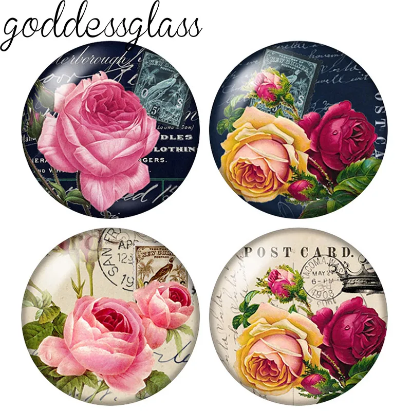 New Vintage Rose Flower Elegant Patterns 10pcs 12mm/18mm/20mm/25mm Round Photo Glass Cabochon Flat Back Necklace Making Findings
