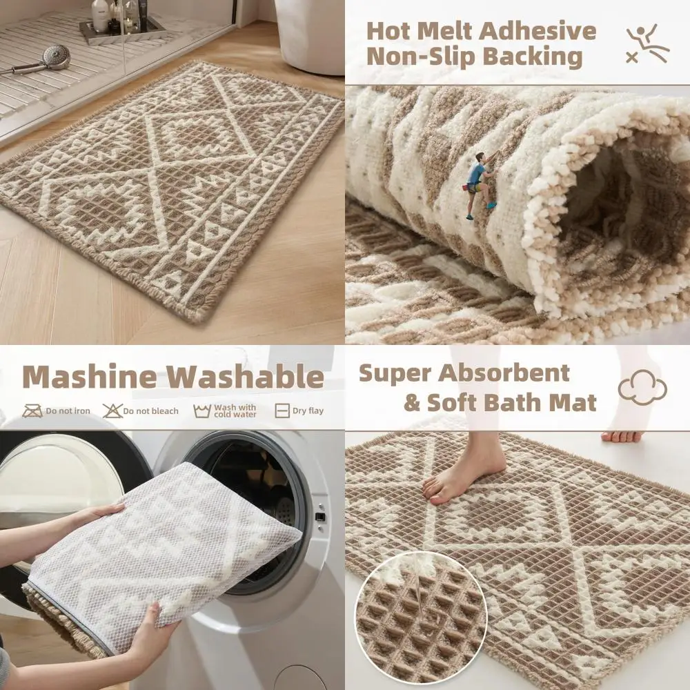 

-Вафельный коврик для ванной - супервпитывающие коврики для ванной комнаты, нескользящий коврик для ванной комнаты, который можно стирать в машине с кисточками, мягкий коврик для ванной комнаты