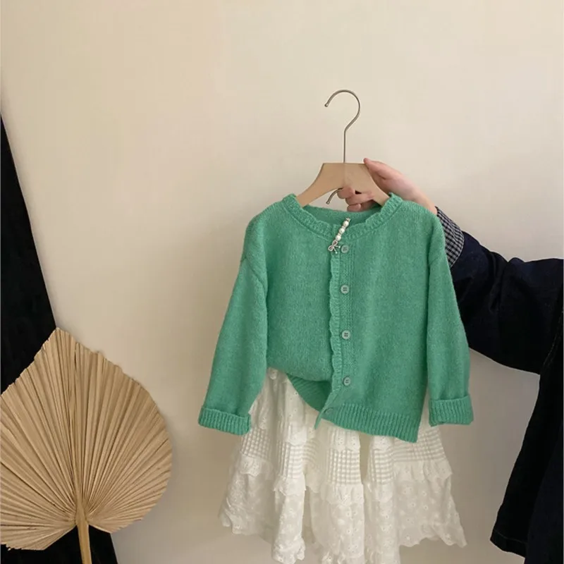 

Детский осенний корейский кардиган для девочек, новый мягкий красочный детский свитер для девочек, универсальные однотонные кружевные юбки-торты для маленьких девочек, наряды