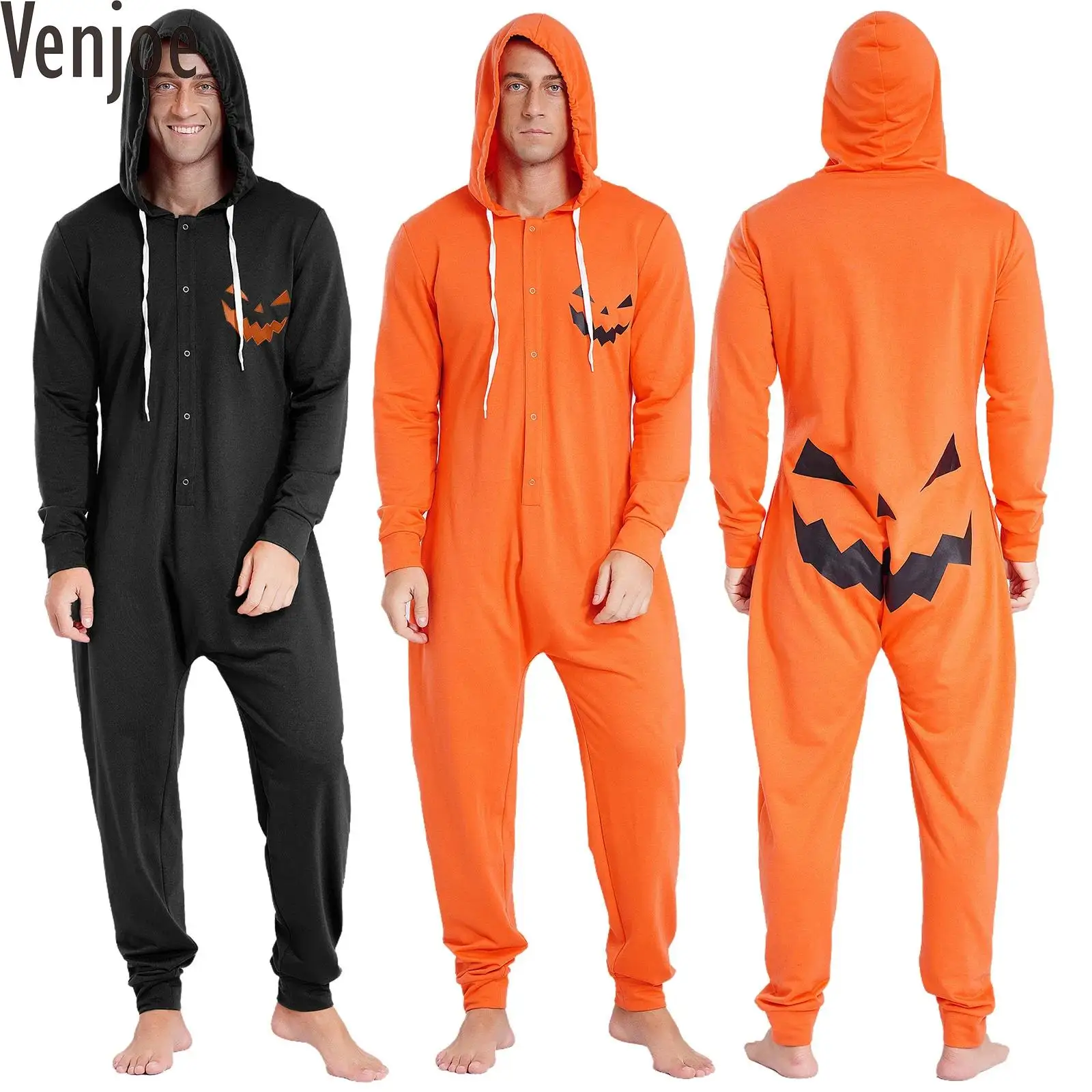 Men Pumpkin Cosplay Costume Hooded Long Sleeve Full Length Bodysuit Halloween Dress Up Party Casual Pajamas Suit