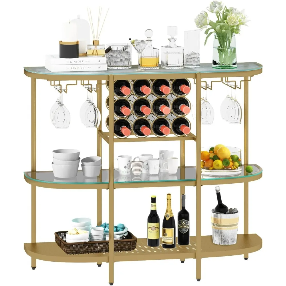 

Home Bar Table, Three Story Bar Table with Glass Shelf, Bar Coffee Table in Living Room Kitchen, Open Rack Wine Cabinet