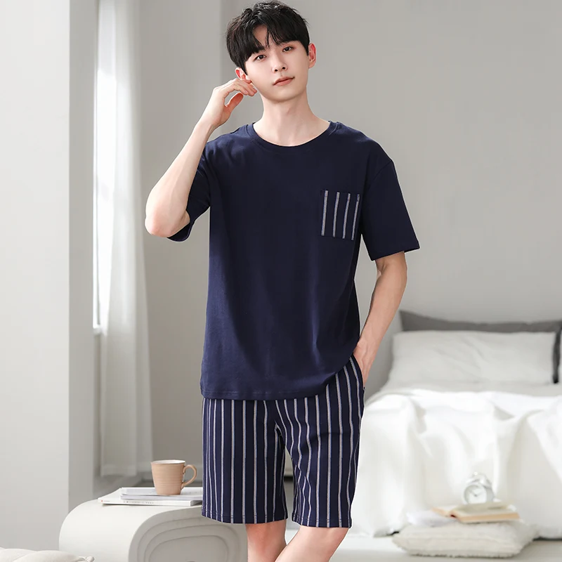 2024 New Junior Men\'s Pajamas Summer Thin modal Cotton Round Neck Double Short Suit Casual Plaid Outwardly Wearable Home Wear