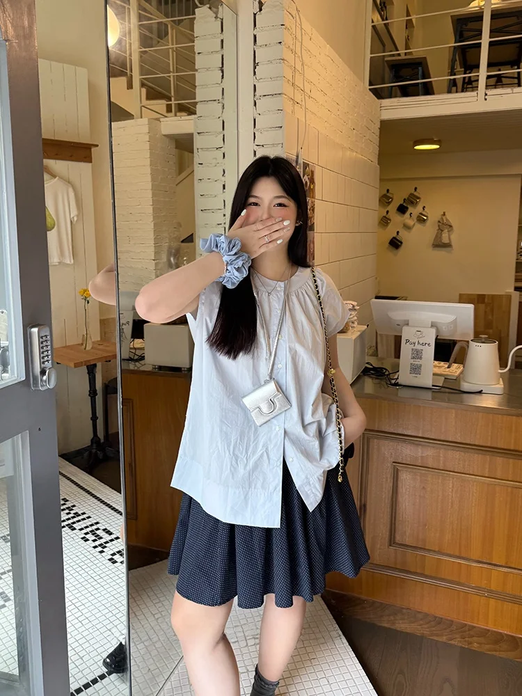 

Повседневная юбка в горошек, милая юбка для отдыха больших размеров, женская синяя плиссированная юбка с высокой талией и принтом, женская мода