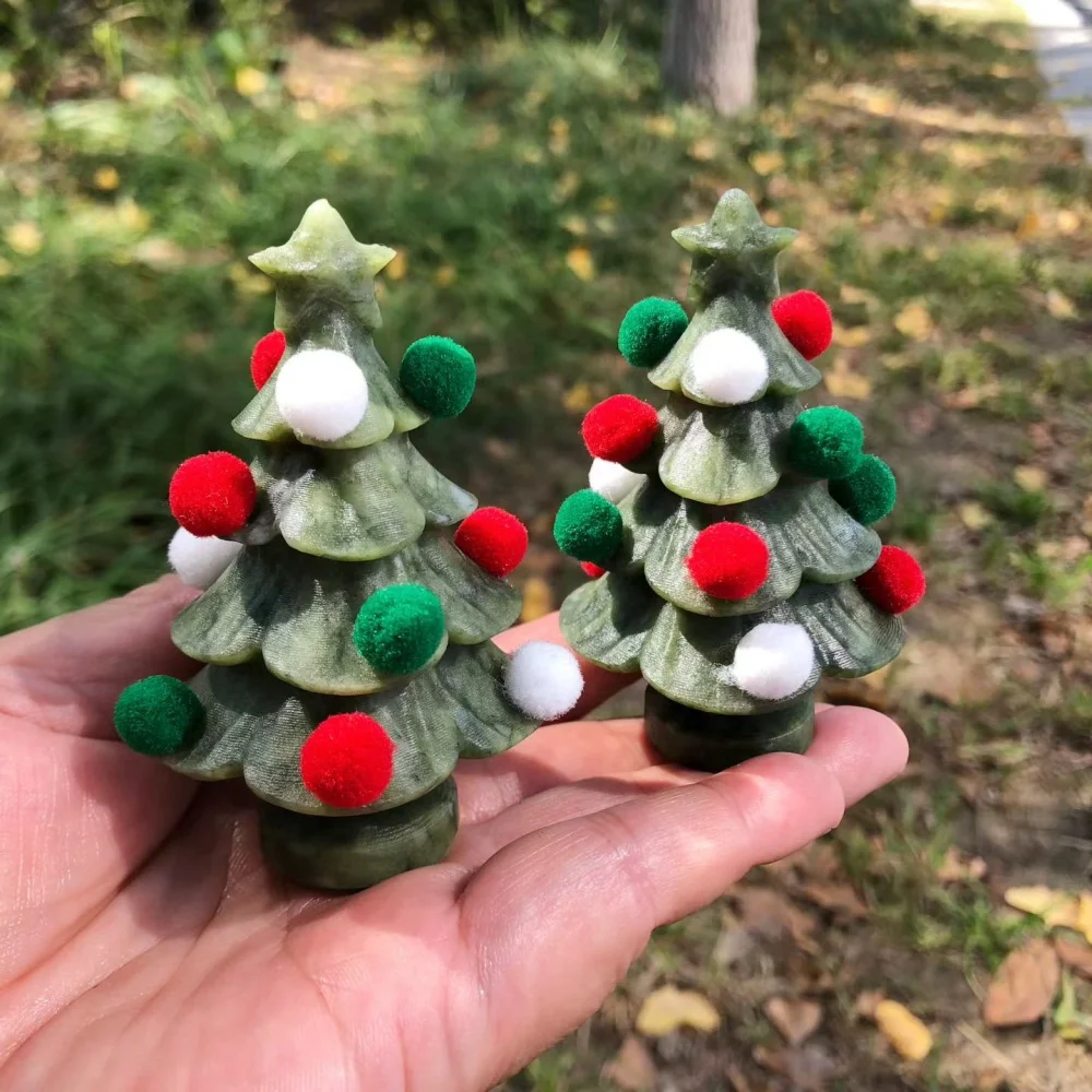 1pcs Natural Green Jade Crystal Christmas Tree Carving with Pom Pom Ornaments Reiki Healing Holiday Decor Gift