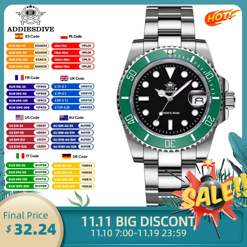 Addiesdive นาฬิกาผู้ชายหรูหราคลาสสิกสแตนเลสฝาเซรามิก BGW9สว่างมาก20Bar นักดำน้ำดูวันที่