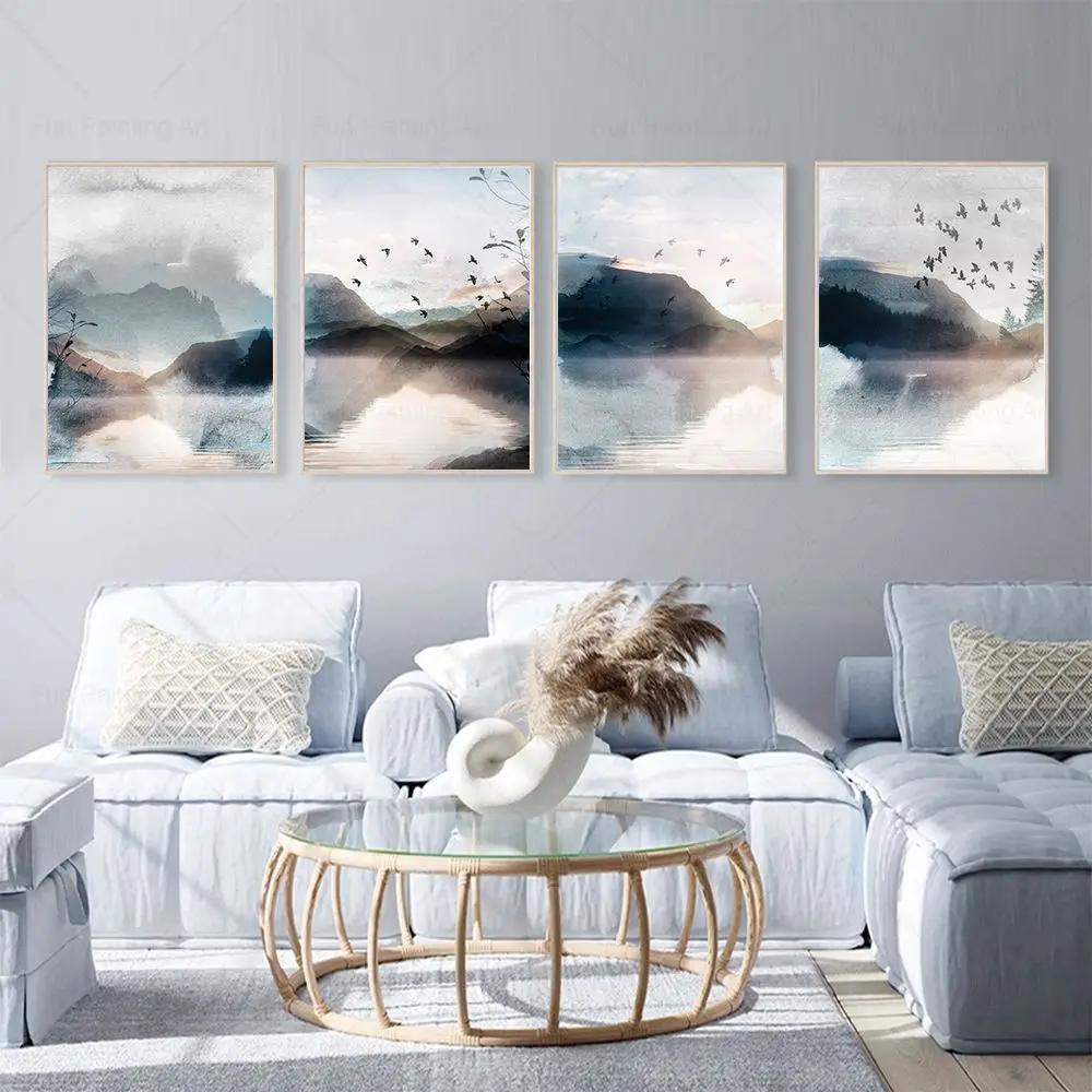 Watercolour Abstract Blue Landscape Mountain Wall Art Canvas Painting Nordic Poster Print Wall Pictures Living Room Home Decor