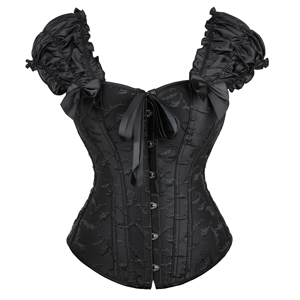 Women Sexy Puff Ruffle Sleeve Overbust Corset Steel Bone Off Shoulder Jacquard Waist Bustier Top