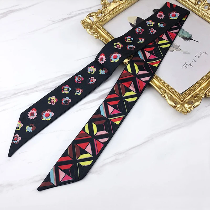 2023 Spring border New Geometric Diamond Small Flowers Women\'s Decorative Small Silk Scarf Bundle Bag Handle Ribbon Small Scarf