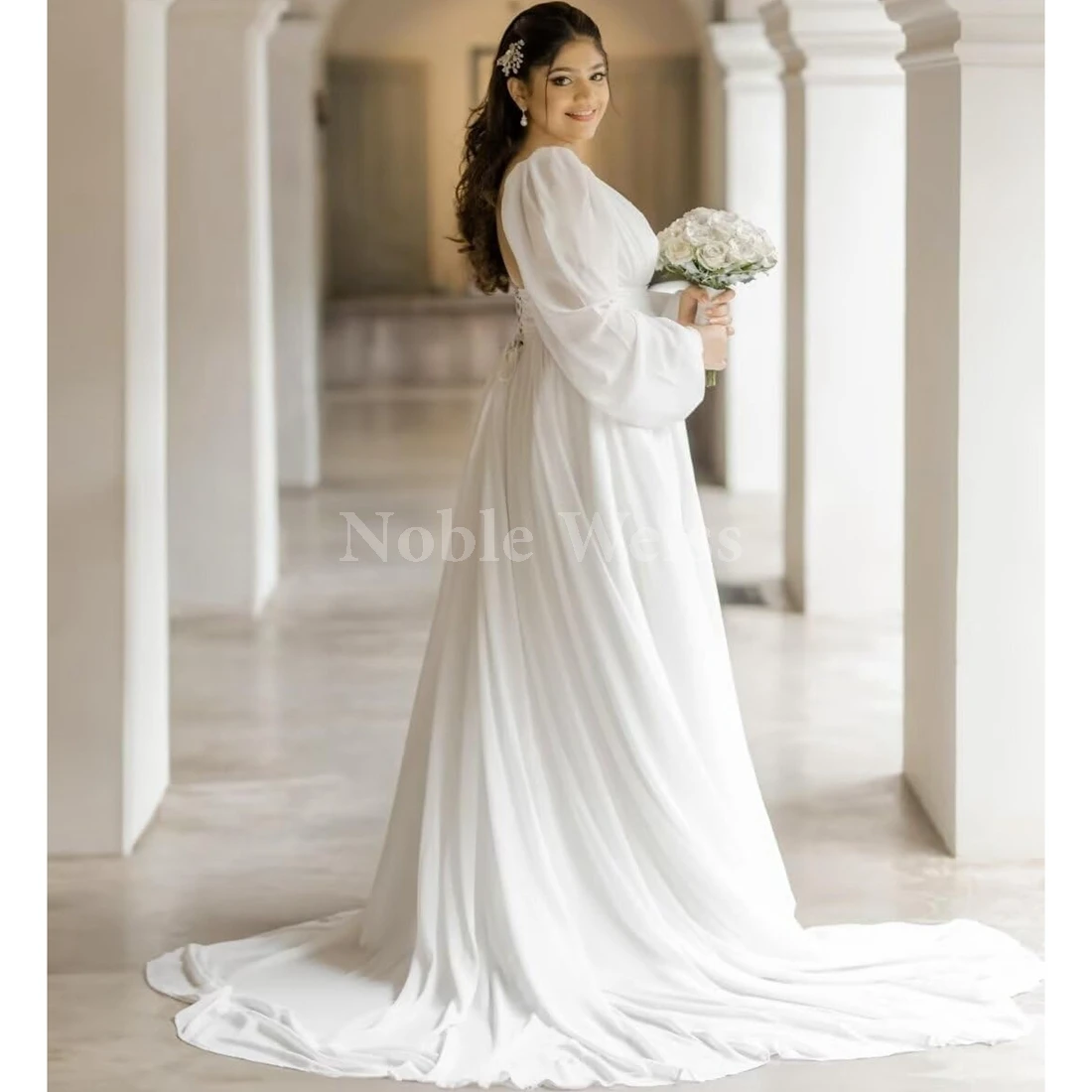 Preciosos vestidos de novia de gasa con cuello en V para novia, vestidos de boda de playa de encaje plisado de manga larga personalizados