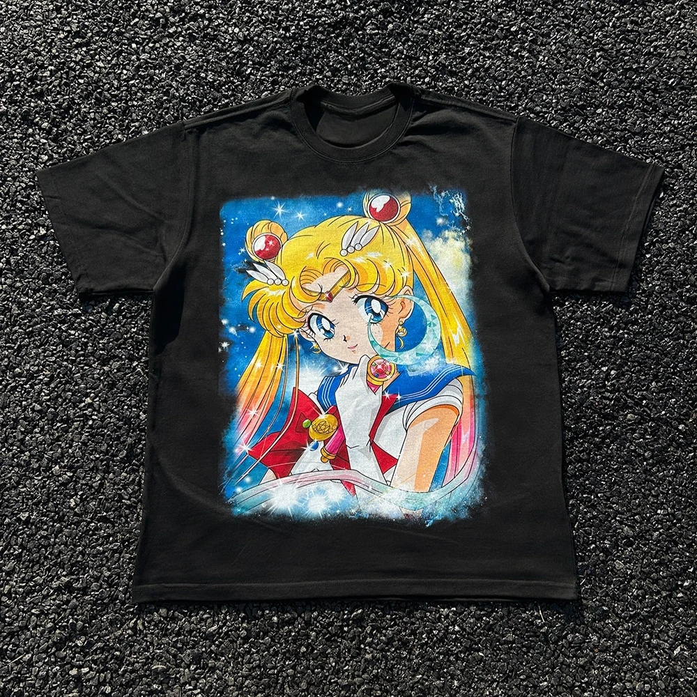 Anime Vintage T-Shirts Sommer 2025, Sailor Moon Herrenbekleidung, Y2k, lockere, lässige Damen-Kurzarm-T-Shirts, Unisex, Streetwear