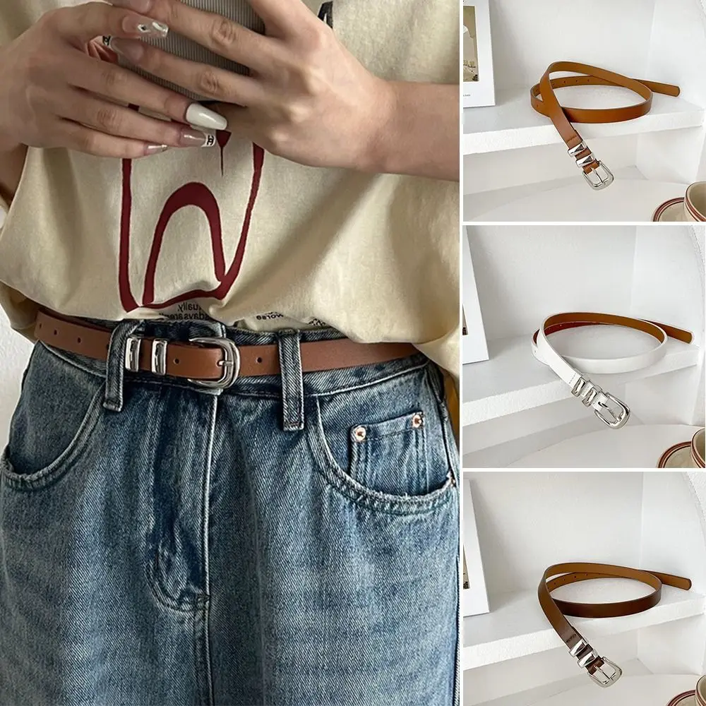 

Casual PU Leather Thin Belt Pin Buckle Solid Color Waist Belt Waist Strap for Women