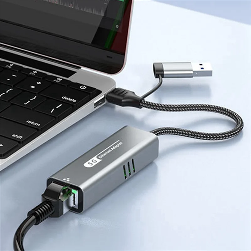 

New--USB 3.0+Type-C To 5G Wired Network Card Adapter 1000 Mbps Network Adapter RJ45 Network Port For Laptop Win10/11/Mac OS