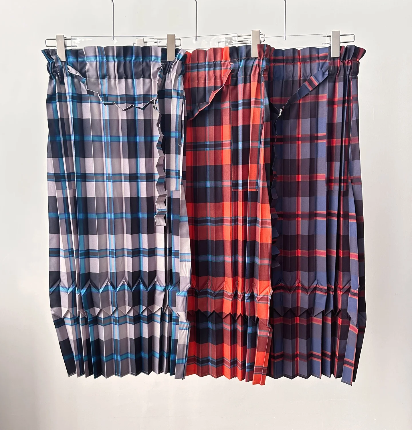 Vibrant Red-Blue Plaid Miyake Pleated Midi Skirt Ruffled Waistband Self-Tie Belt Women Casual Daily Office Weekend Brunch Skirt